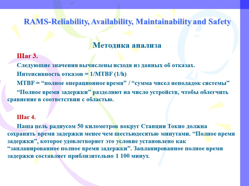 RAMS-Reliability, Availability, Maintainability and Safety Методика анализа Шаг 3. Следующие значения вычислены исходя из